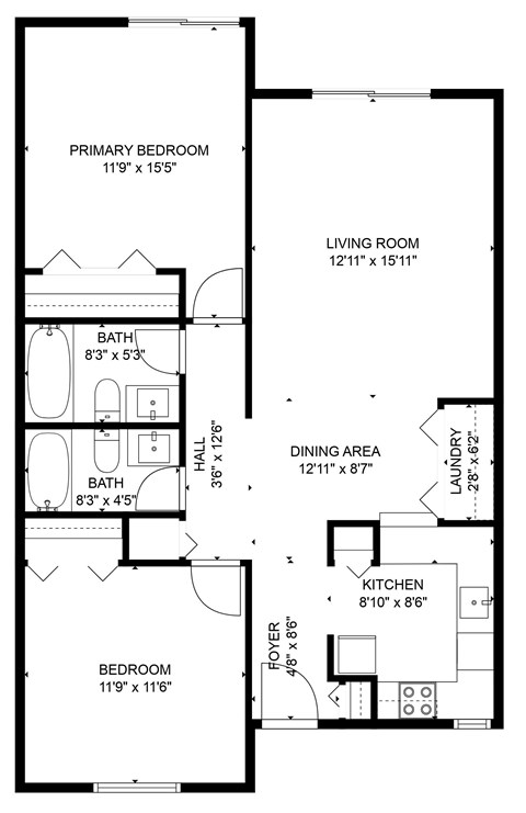 Floor plan for 2 beds, 2 baths, 1008 sqft